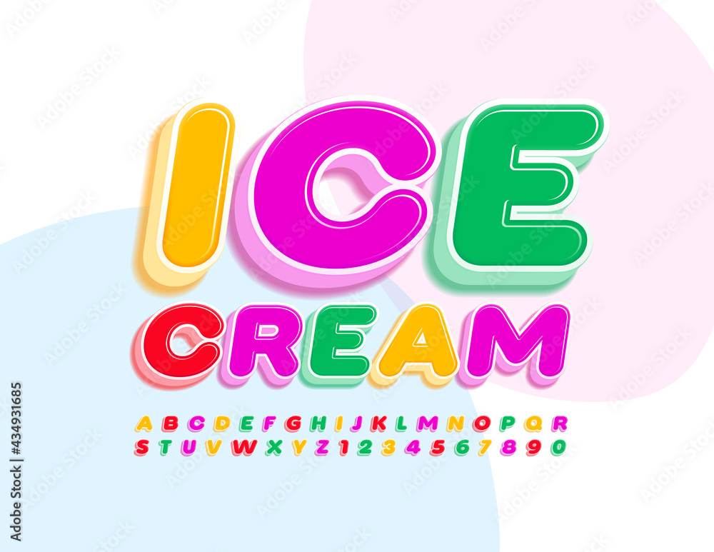 Vector yummy sign Ice Cream with Bright 3D Font. Colorful creative Alphabet Letters and Numbers set Vector yummy sign Ice Cream with Bright 3D Font. Colorful creative Alphabet Letters and Numbers set
