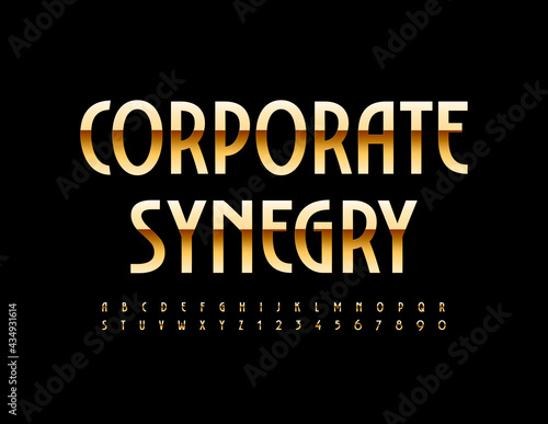 Vector business sign Corporate Synergy. Luxury style Font. Set of Gold Alphabet Letters and Numbers