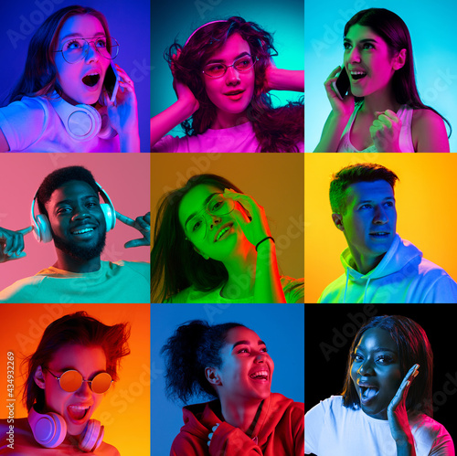 Portraits of group of people on multicolored background in neon light, collage. © master1305