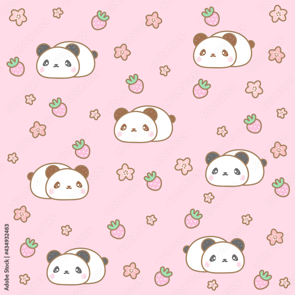 Kawaii pattern with panda, sakura and strawberries on a pink background.
