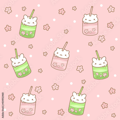 Kawaii pattern with cute drinks and sakura on pink background
