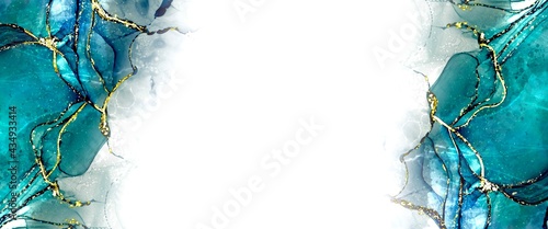 turquoise abstract alcohol ink background with white copy space, fluid art texture on the sides, liquid design illustration with shiny gold elements