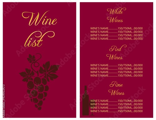 Illustartion card wine list business card pricelist for wine bar with red background 