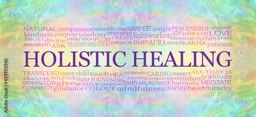 Spiritual Holistic Healing Word Cloud Banner - multicoloured symmetrical metaphysical energy field background with a HOLISTIC  HEALING word cloud and copy space 
 photo