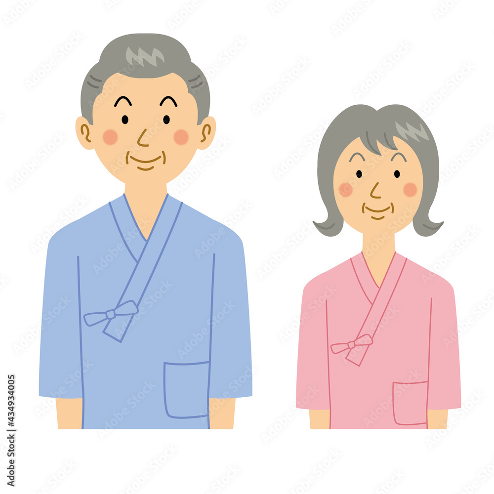 入院着を着るおじいさんおばあさん 入院着を着るおじいさんおばあさん