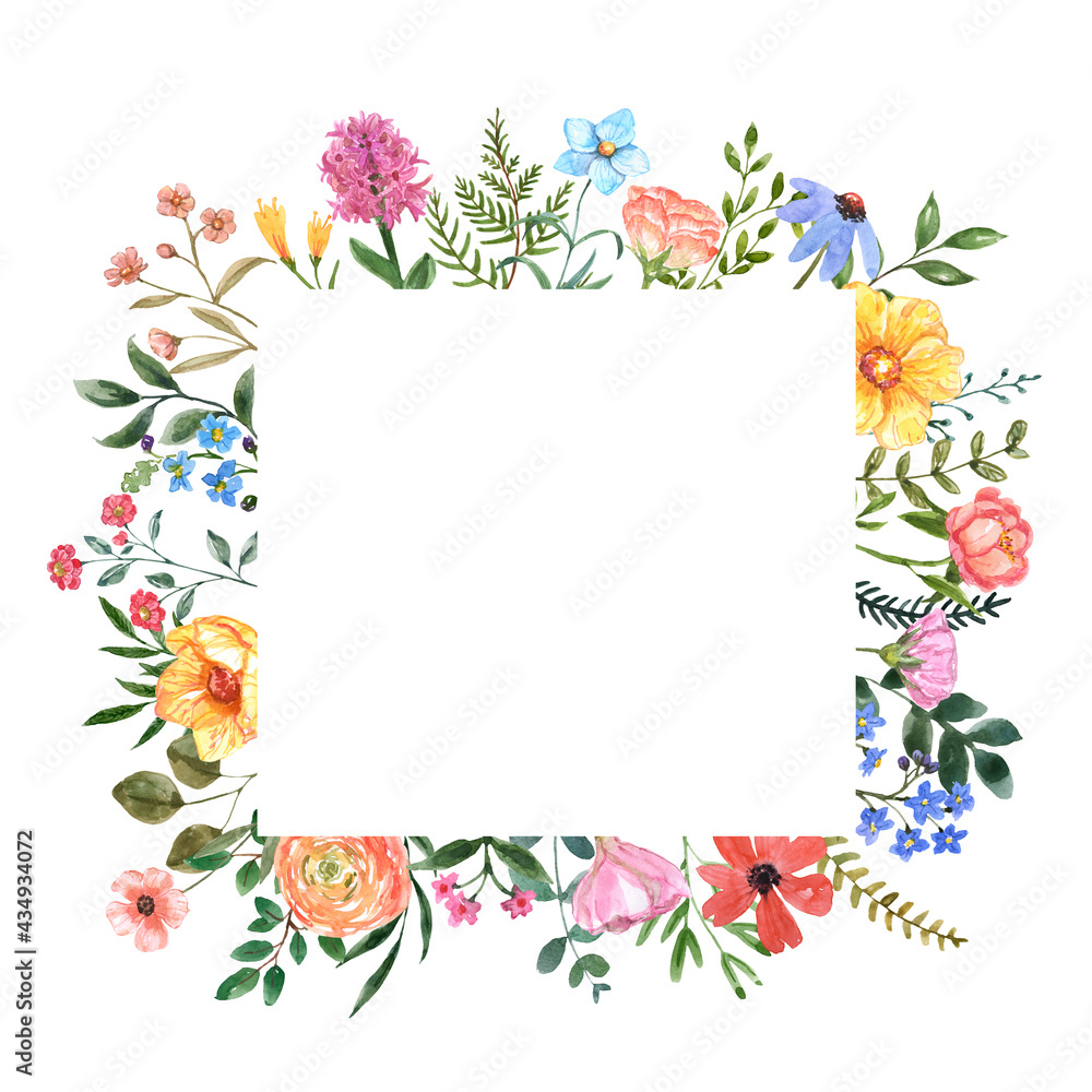 Watercolor wild flowers botanical square frame with blank space for text. Hand painted pink, yellow, blue summer meadow flowers and herbs. Colorful floral border, invitation template.