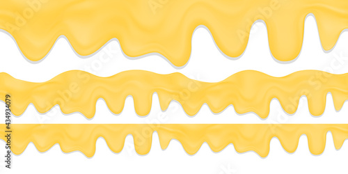 Realistic stock vector seamless horizontal border of melted cheese or cheese fondue.Decoration element for melted cheese or butter.