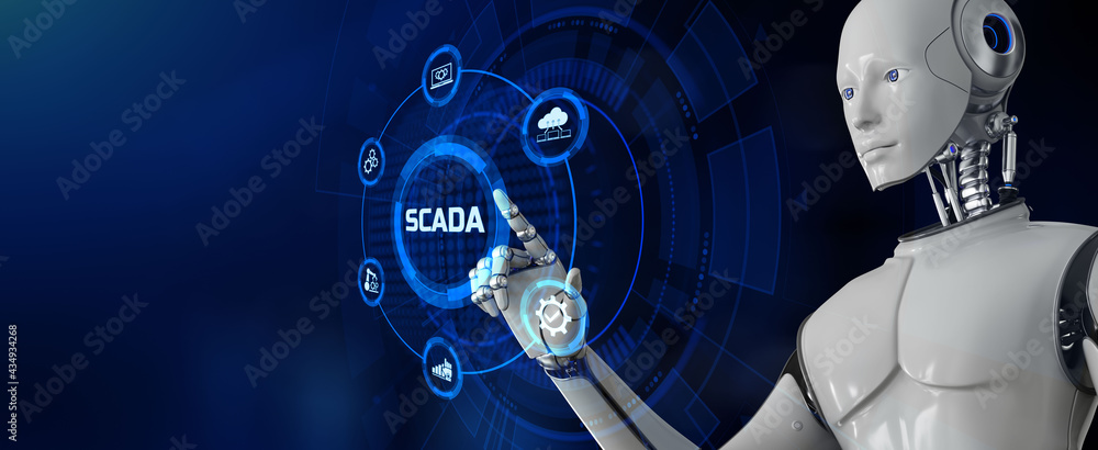SCADA Supervisory control and data acquisition. Robot pressing button on screen 3d render