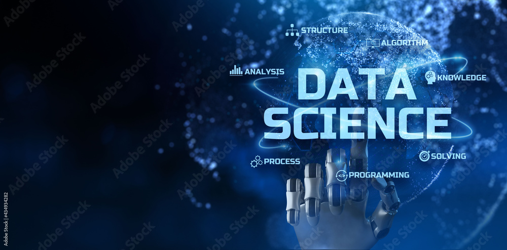 Data Science analytics analysis information technology concept. Robotic arm 3d rendering
