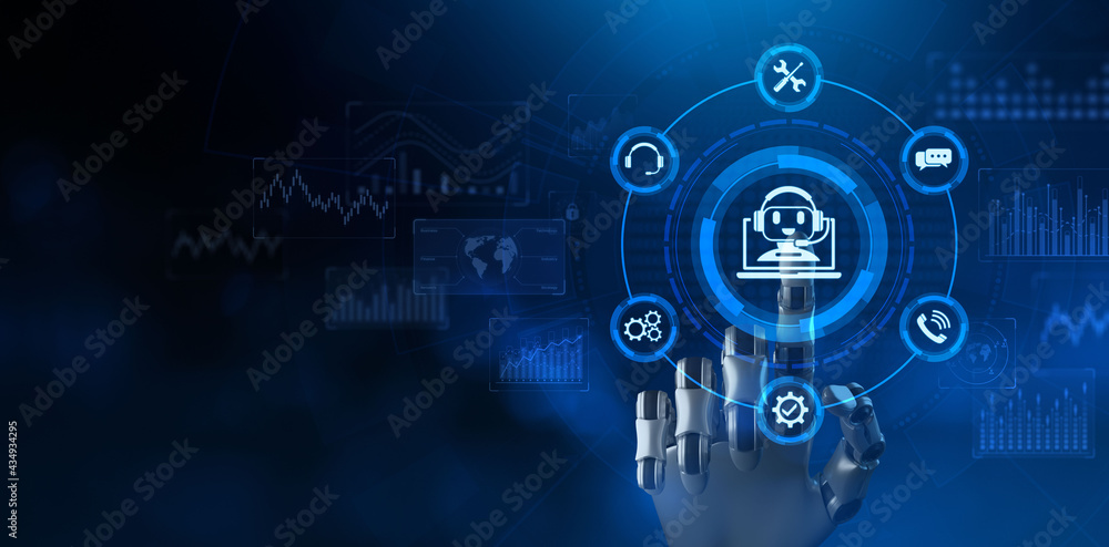 Chat bot service automation business technology concept. Robotic arm 3d rendering Chat bot service automation business technology concept. Robotic arm 3d rendering