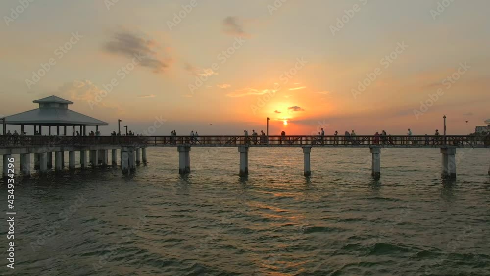 Sunset at Fort Myers Beach Pier, 4k Aerial Sunset at Fort Myers Beach Pier, 4k Aerial
