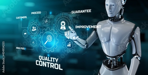 Quality control assurance standard concept. Robot pressing button on screen 3d render