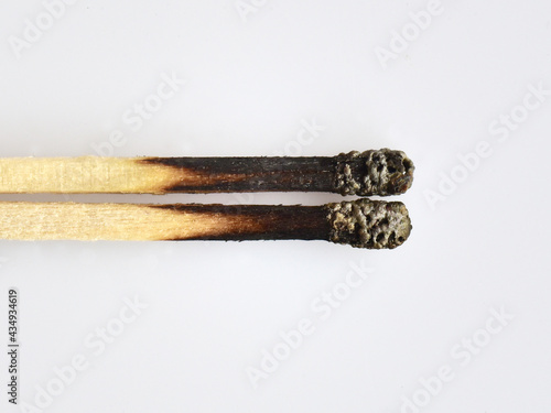 Two burnt match sticks kept close together. Concept of social distancing during Covid 19 pandemic