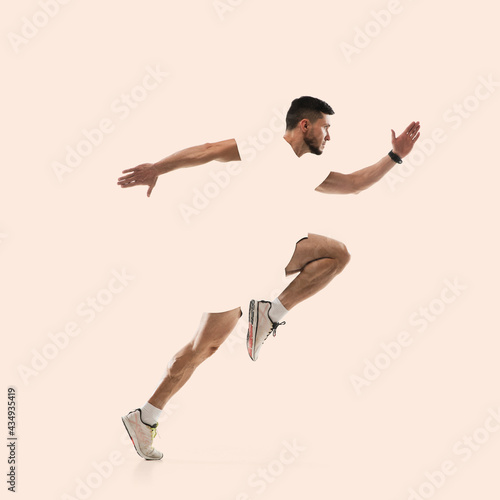 Modern design, contemporary art collage. Inspiration, idea, trendy magazine style. Sport. Professional male runner, jogger on yellow background.