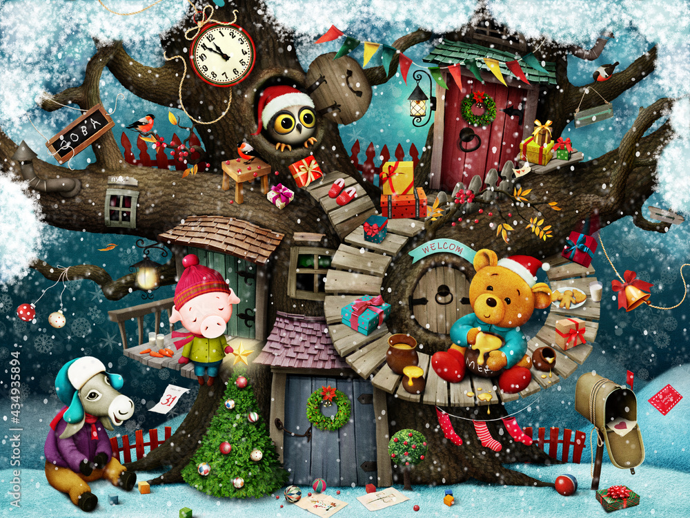 Holiday greeting card with Christmas or New Year with fairytale characters who live on a tree. 