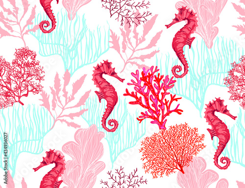 Beautiful seamless vector tropical pattern with corals, sea horse. Abstract geometric texture. Perfect for wallpapers, web page backgrounds, surface textures, textile.
