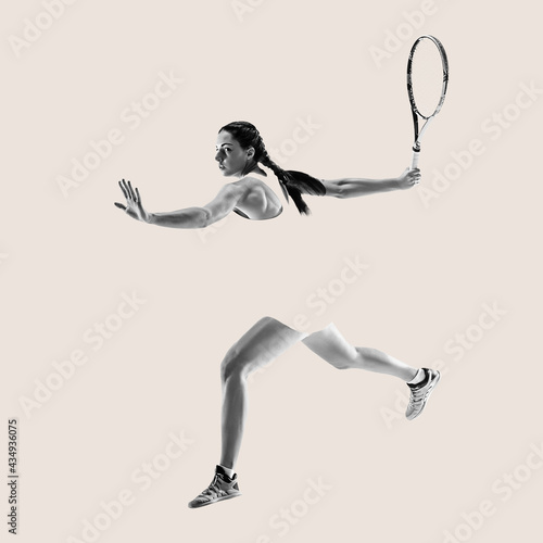 Modern design, contemporary art collage. Inspiration, idea, trendy magazine style. Sport. Professional female tennis player on yellow background. © master1305