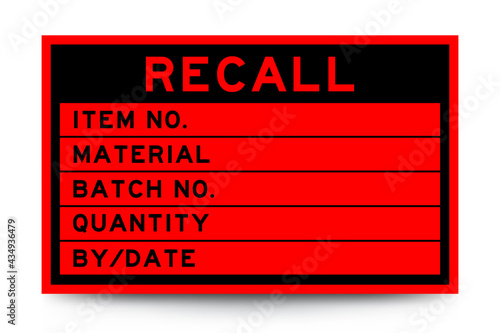 Square red color label banner with headline in word recall and detail on white background for industry use