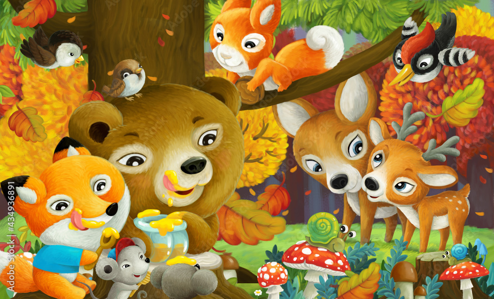 Fototapeta premium cartoon scene forest animals the forest eating honey