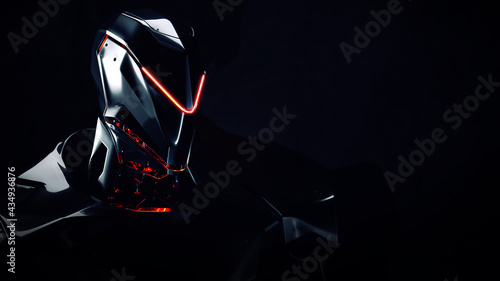 A metal humanoid robot with glowing parts on a dark background.