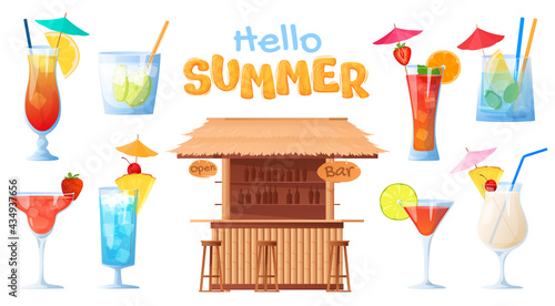Beach bar. Set of alcoholic cocktails isolated on a white background.