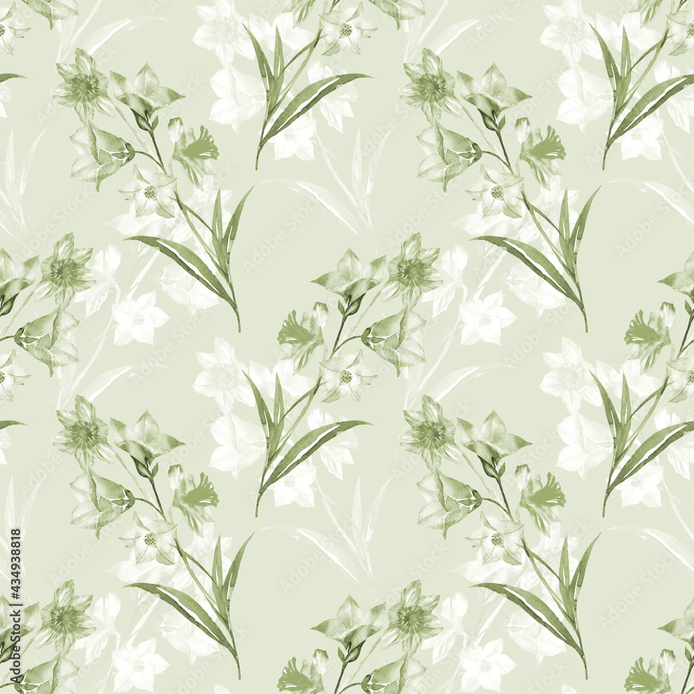 Floral seamless pattern with leaves and bluebells flowers watercolour. Hand drawn illustration in vintage style on green	