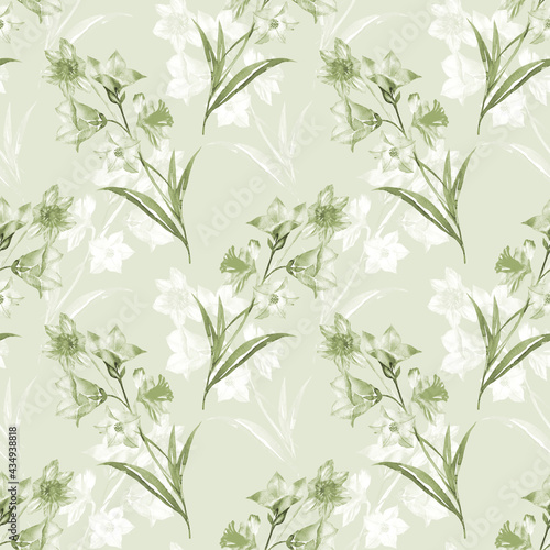 Floral seamless pattern with leaves and bluebells flowers watercolour. Hand drawn illustration in vintage style on green 