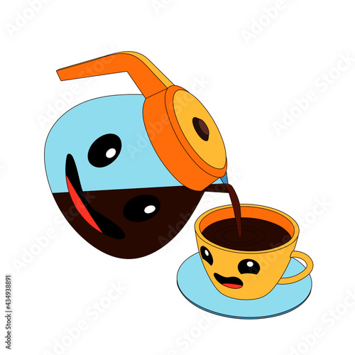 Cartoon jug and cup with coffee. Jug is pouring coffee into a cup, Jug and cup are emoji. 