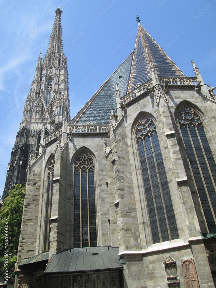 Stephansdom Cathedral in Vienna, Austria, with Spires Reaching for the Skies and Large Gothic Style Windows