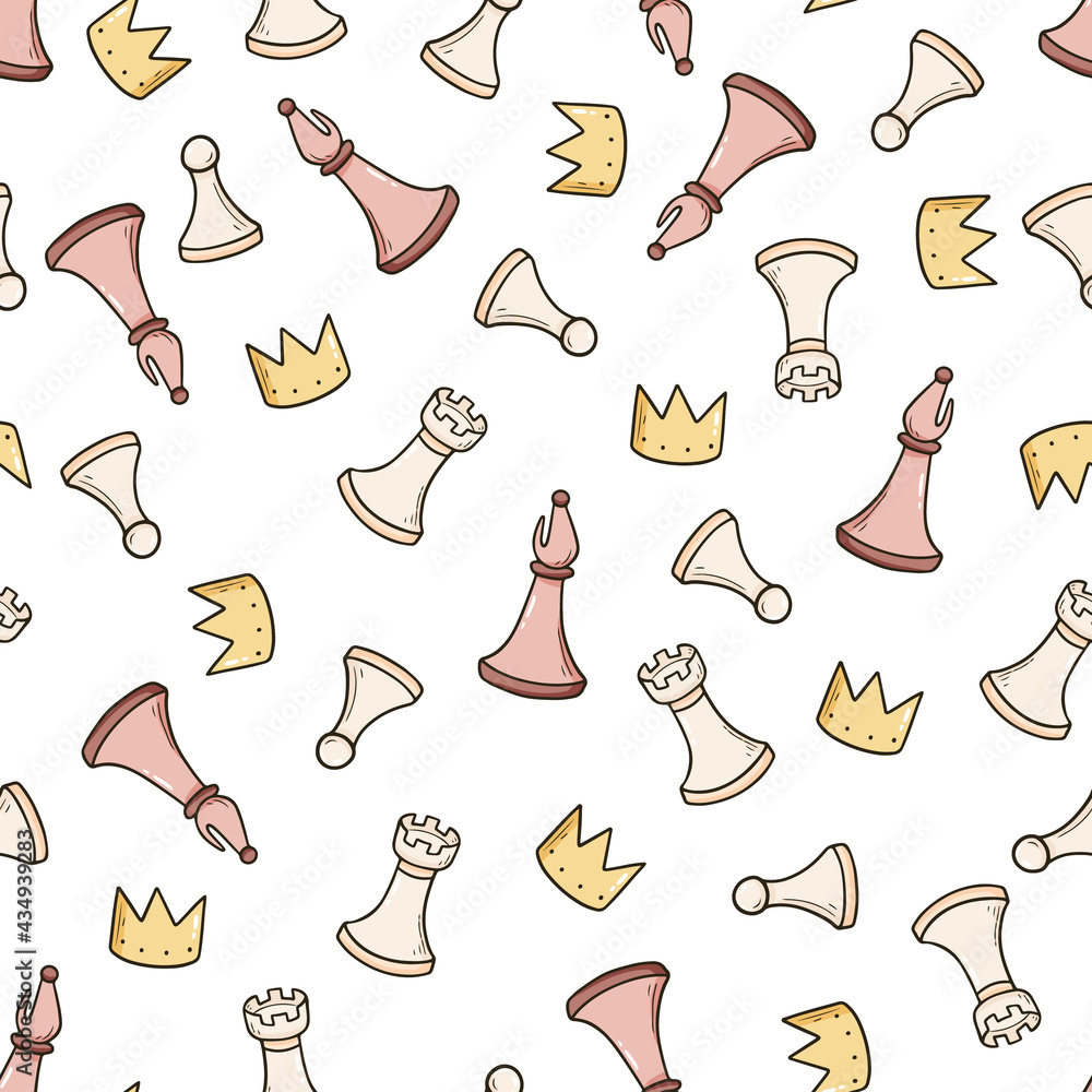 Obraz Hand drawn seamless pattern of cartoon chess game pieces. Doodle sketch style. Isolated vector illustration for a chess club, tournaments, course wallpaper, background, textile design.