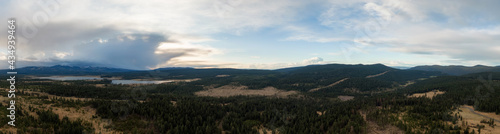 Aerial Panoramic View of a Lake in the Canadian Landscape. Cloudy and Sunny Spring Sunset. Taken near Kamloops and Merritt, British Columbia, Canada. Tunkwa Lake © edb3_16