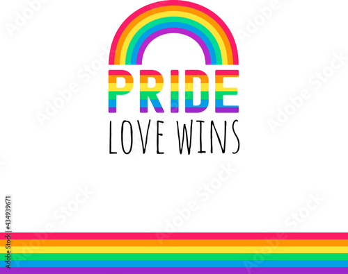 Pride love wins text and rainbow flag vector illustration.