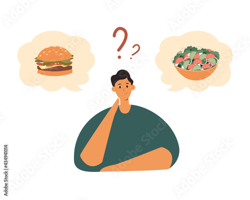 Fat male character choosing between healthy and unhealthy food.Good or bad diet, Obesity, weight problem, eating concept.Man thinking over salad or burger. Vector illustration cartoon flat style.