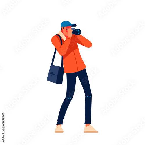 Photojournalist, cameraman documenting war and conflict, street riots. Character Journalist photographer making pictures. Cartoon flat style design vector illustration isolated on white background