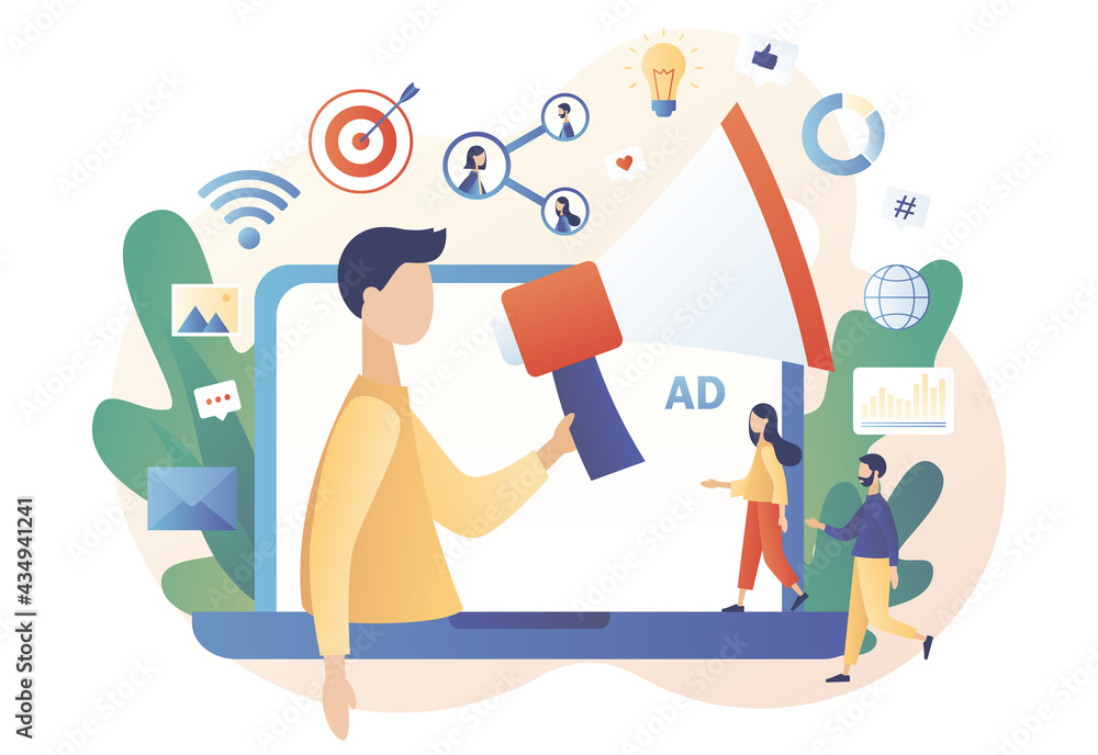 Obraz premium Tiny man with big megaphone in laptop screen. Advertising agency concept. Service advertisement, Digital marketing, SMM, Outdoor advertising. Modern flat cartoon style. Vector illustration