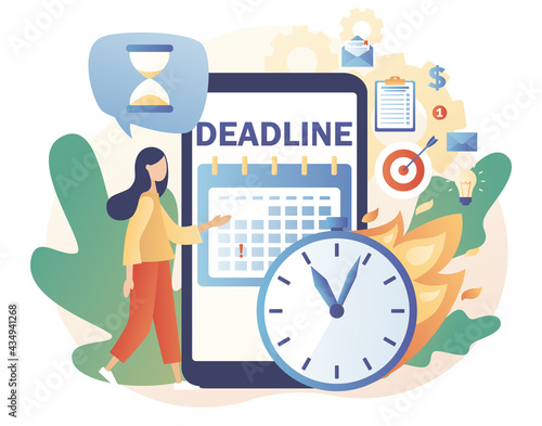 Smartphone app for time management and productivity control. Deadline concept. Tiny woman organizes workflow, effective time management. Modern flat cartoon style. Vector illustration