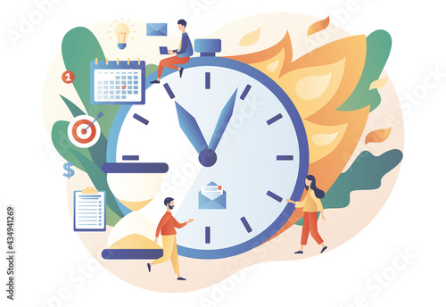 Deadline concept. Big clock on fire. Time management and productivity. Tiny people organize workflow, effective time spending. Modern flat cartoon style. Vector illustration on white background