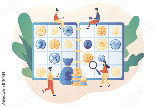 Big album for old rare collectible coins. Numismatics. Tiny people numismatists collect, selling or buying ancient coins. Hobby or profession. Modern flat cartoon style. Vector illustration 