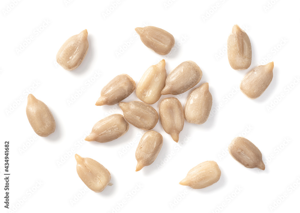close up of peeled sunflower seeds isolated on white background, top view close up of peeled sunflower seeds isolated on white background, top view