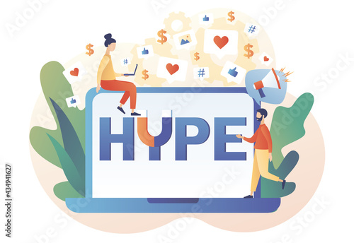 Tiny people following internet trends. Hype - text on laptop screen. Social media viral or fake content. Bloggers, celebrities, influencers need more likes. SMM. Modern flat cartoon style. Vector