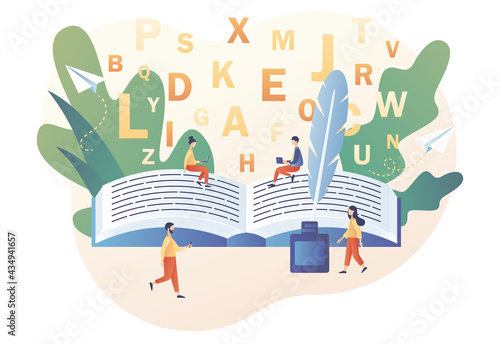 Tiny creative people write text feather and ink in big book. Professional writer, author, redactor, journalist, copywriter, content manager, blogger. Modern flat cartoon style. Vector illustration 