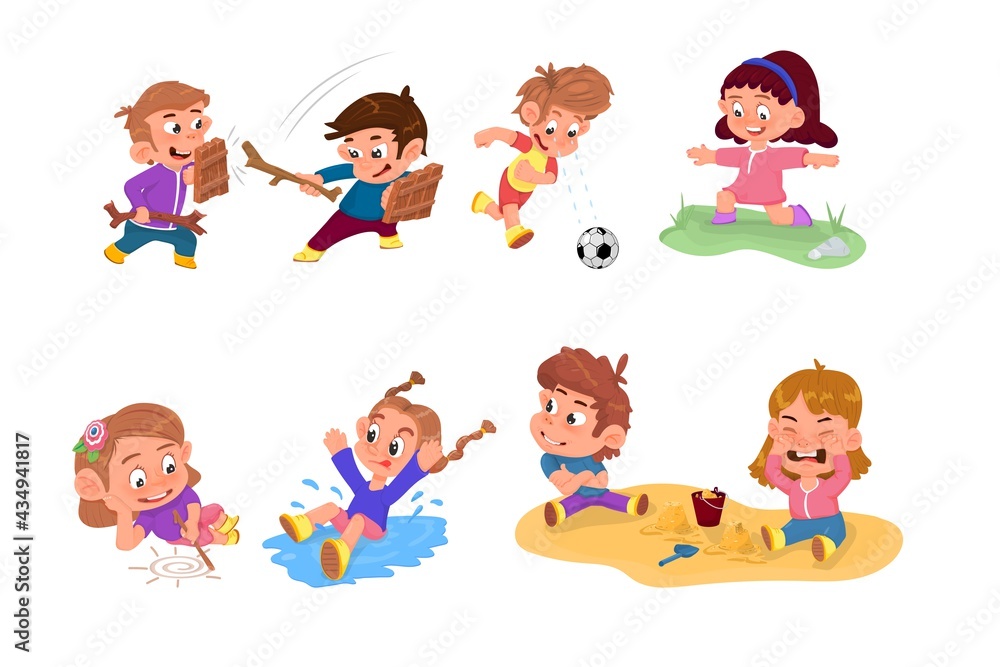 Happy kids playing active games, cartoon style flat characters. Happy kids playing active games, cartoon style flat characters.