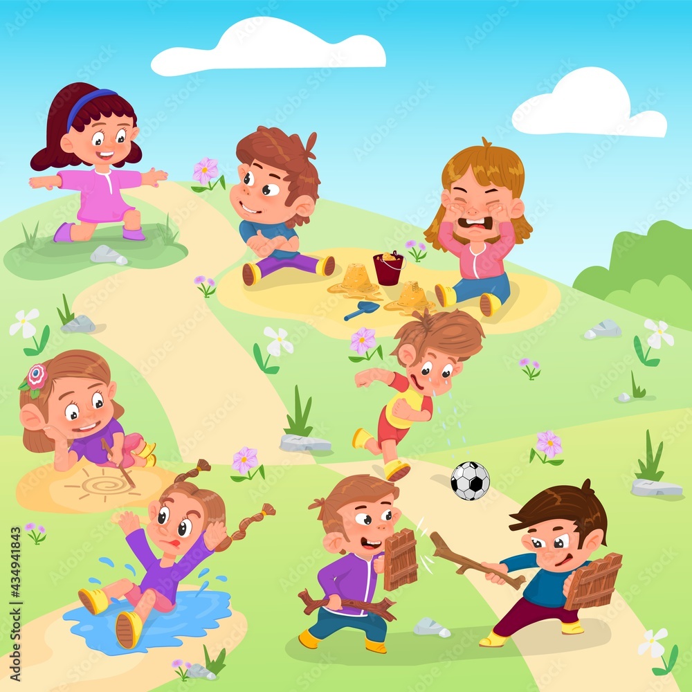 Happy kids playing active games, cartoon style flat characters.