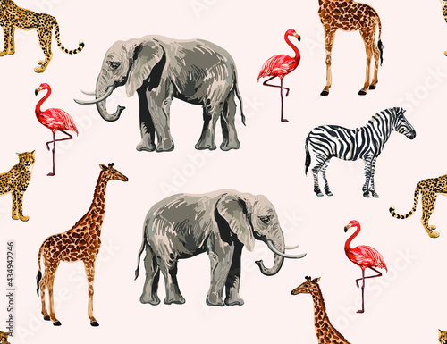 Tropical vintage botanical seamless pattern giraffe, elephant, flamingo, zebra. Jungle floral composition animal wallpaper. 