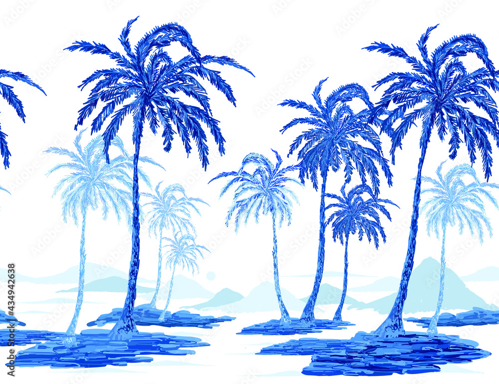 Fototapeta premium Beautiful botanical vector seamless pattern background with coconut palm trees silhouettes. Isolated on white background. The Summer beach surfing illustration. 