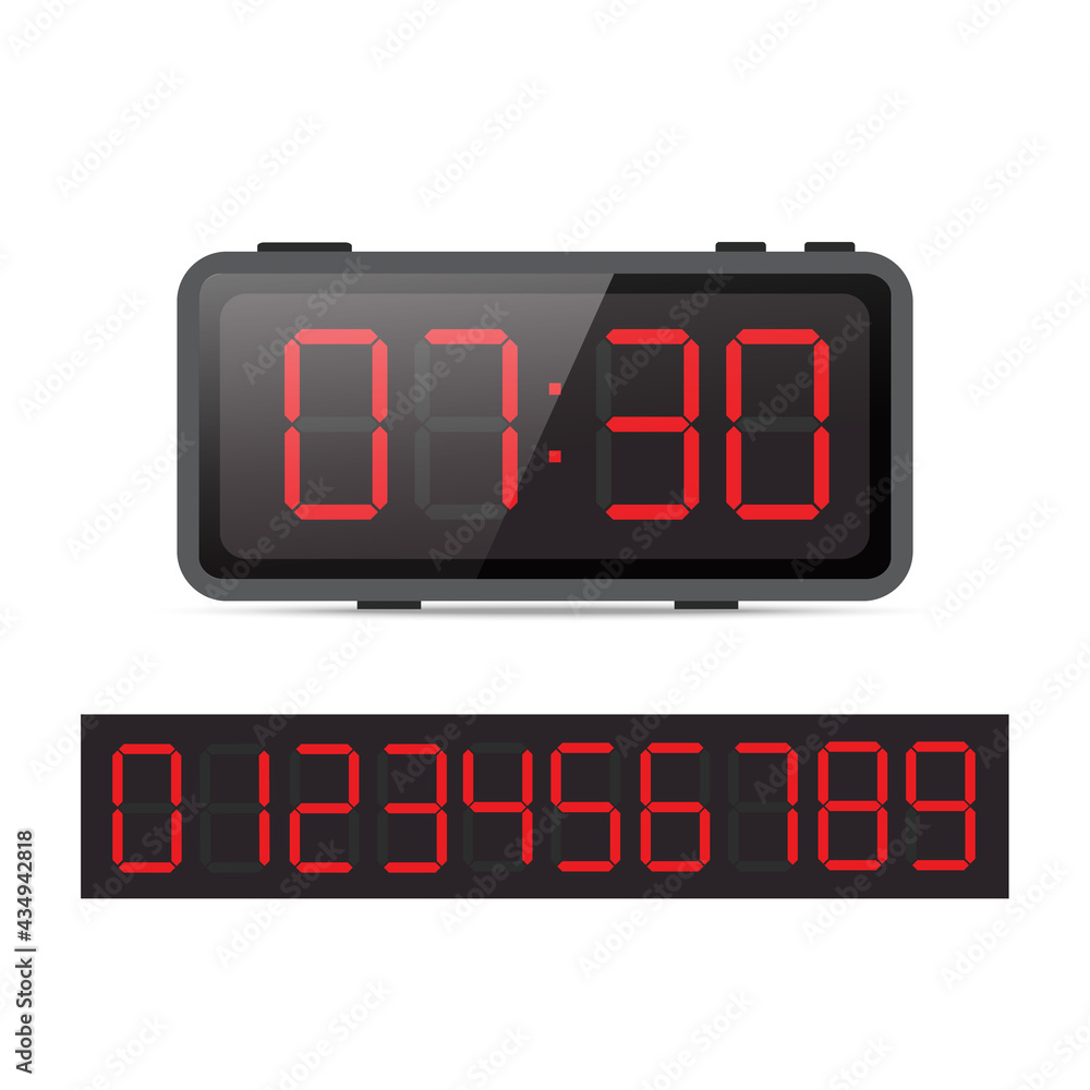 Red digital clock isolated on white background. Digital alarm design.Set of glowing numbers. Vector stock