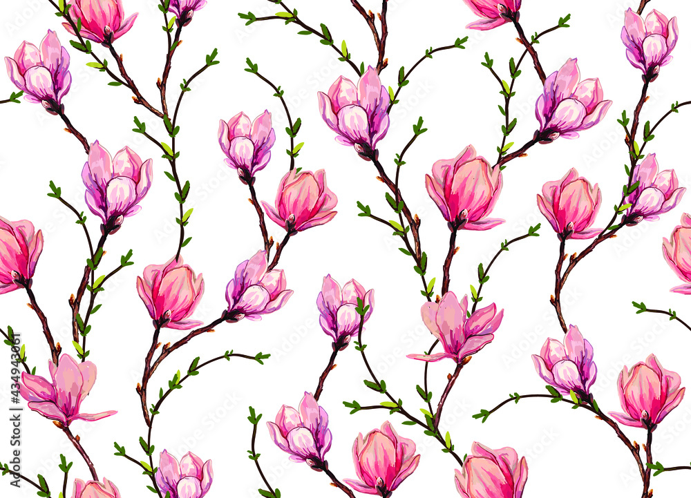 Seamless vector floral pattern background with hand-drawn tropical Japanese flowers, magnolia flowers, spring branches. Perfect for wallpapers, web page backgrounds, surface textures, textiles.
