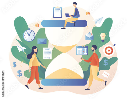 Deadline concept. Tiny people organize workflow. Time management and productivity. Hourglass as metaphor time management. Modern flat cartoon style. Vector illustration on white background