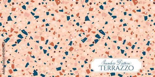 Terrazzo broken tile floor texture seamless pattern, vector abstract background with chaotic mosaic pieces, composed of natural stone, marble, glass and concrete imitations.