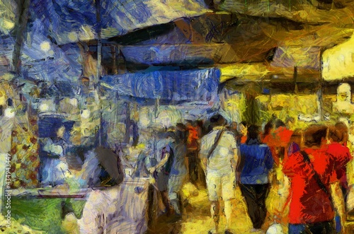 Agricultural flea market and flower shop Illustrations creates an impressionist style of painting. © Kittipong